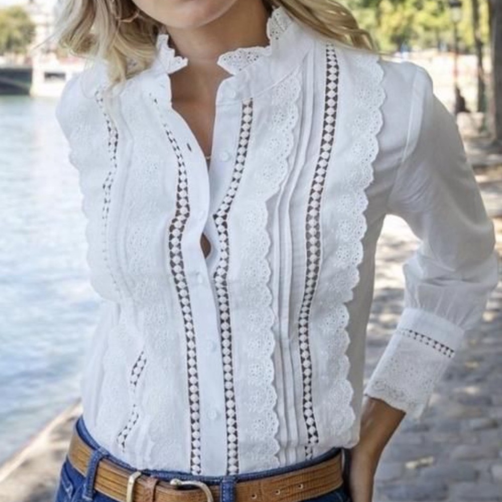 Sézane White Eyelet Lace Button Down Blouse